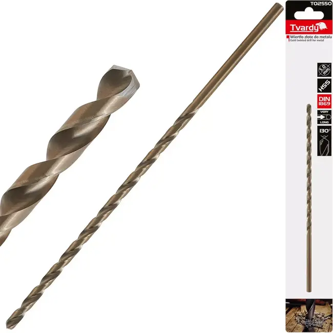 Tvardy HSS metaalboor - Lange uitvoering - 5.0 mm - 195 mm - Goudkleurig - Voor diep boren