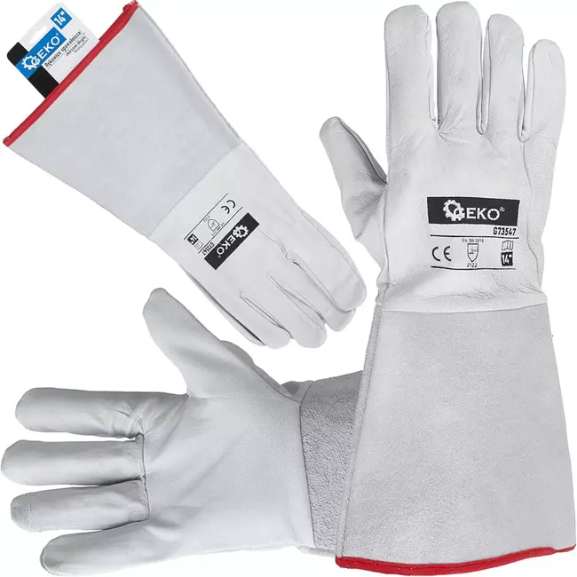 GEKO Goatskin lasbeschermers - Lange manchet - Hittebestendig - 12 stuks - Lichtgrijs met rode rand