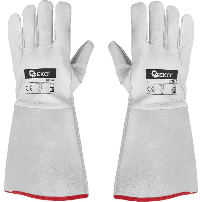 GEKO Goatskin lasbeschermers - Lange manchet - Hittebestendig - 12 stuks - Lichtgrijs met rode rand