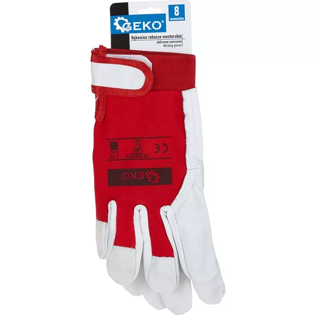 GEKO Goatskin werkhandschoenen - Klittenband sluiting - Ademend katoen - Maat 8 - Rood - 12 stuks