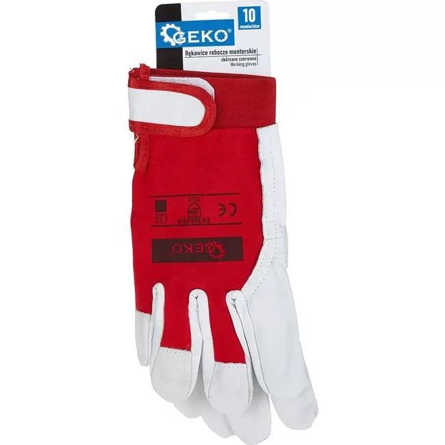 GEKO Goatskin werkhandschoenen - Klittenband sluiting - Ademend katoen - Maat 10 - Rood/wit - 12 stuks