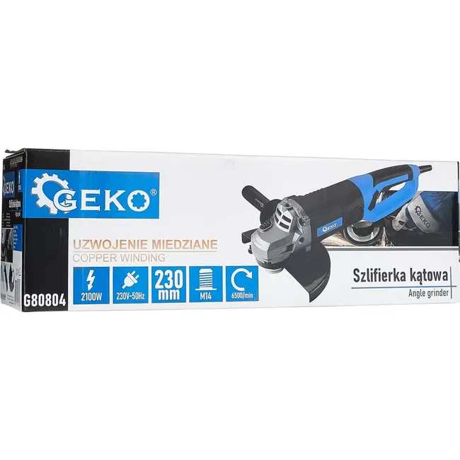 GEKO Hoekslijper - 230mm - 2100W - Koperwikkeling - 180° Draaibare Greep - Inclusief Reserve Koolborstels