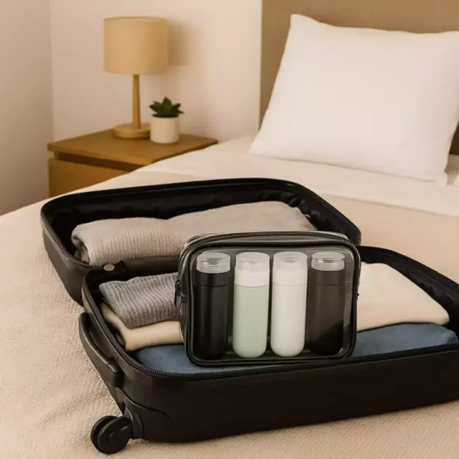Trizand travel cosmetic bag – navulbare reisflesjes + transparant toilettasje