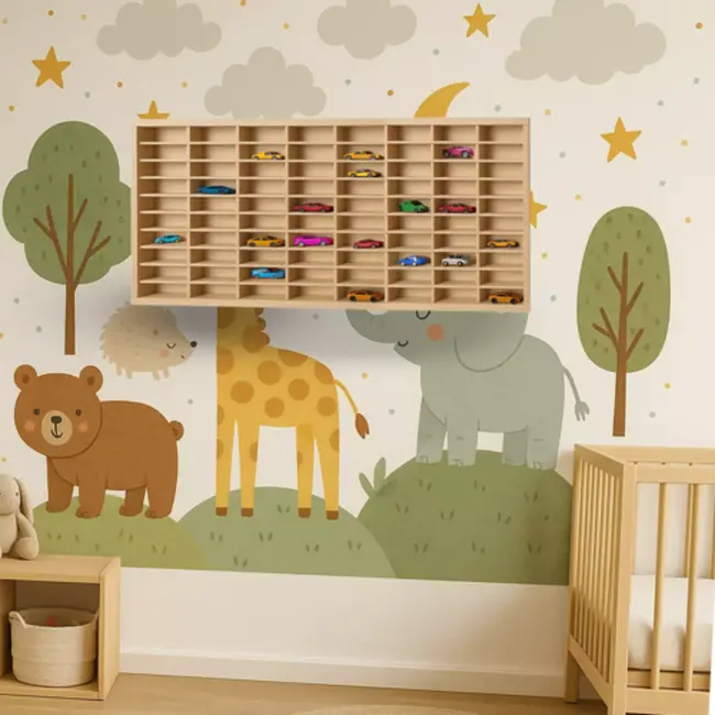 Kruzzel houten autoshelf – vrachtwagen plank met 80 vakken – voor speelgoedauto’s