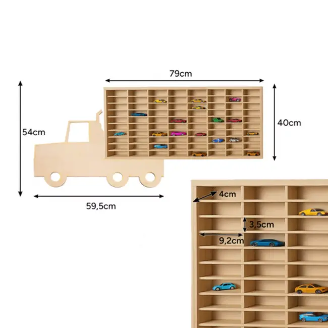 Kruzzel houten autoshelf – vrachtwagen plank met 80 vakken – voor speelgoedauto’s