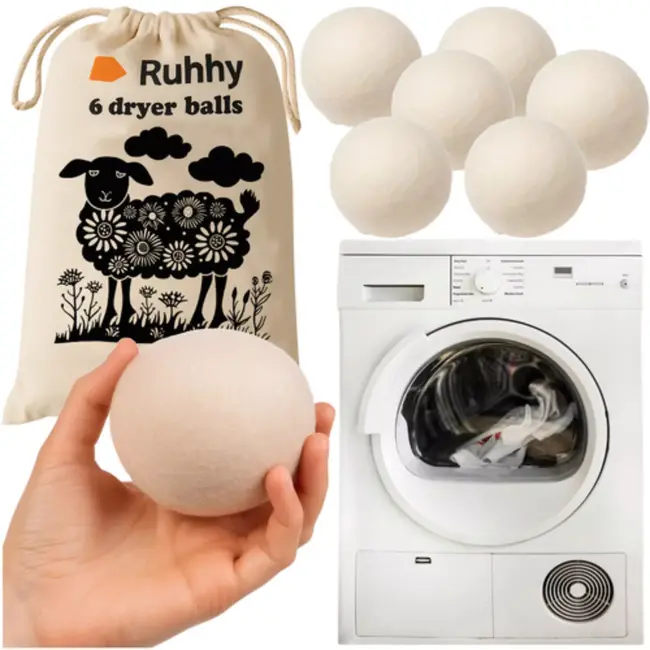 Ruhhy 6‑pack wollen drogerballen – 30% sneller drogen - 100% wol, herbruikbaar tot 1000x