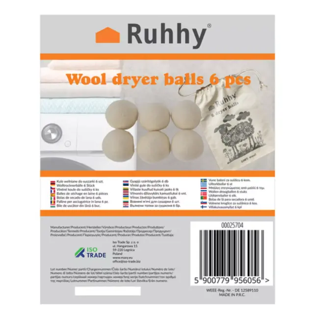 Ruhhy 6‑pack wollen drogerballen – 30% sneller drogen - 100% wol, herbruikbaar tot 1000x