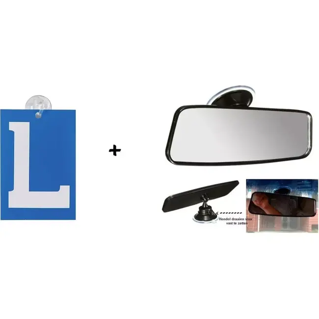 ProPlus Rijschool set - Verstelbare spiegel - L-teken - Zuignap bevestiging - Blauw/wit - 160x65 mm - 16x10 cm