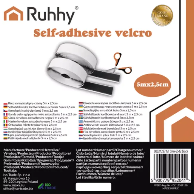 Ruhhy Zelfklevend Klittenband 5m x 2,5cm – Zwart Haak & Lus Tape