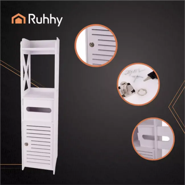 Ruhhy Badkamerkastje met Deurtje en Toiletpapierhouder – Wit 80 cm