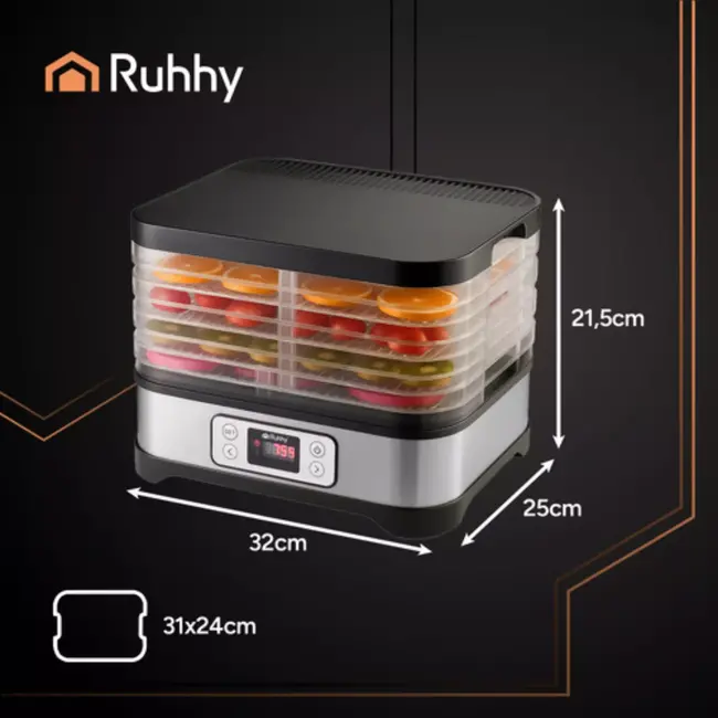 Ruhhy Voedseldroger 10L – 24u Timer en LCD Display – Droger voor Champignons en Fruit – Compact en Krachtig