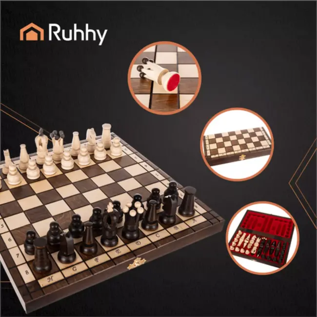 Ruhhy klassiek houten schaakset 31x31 cm – luxe opbergkoffer