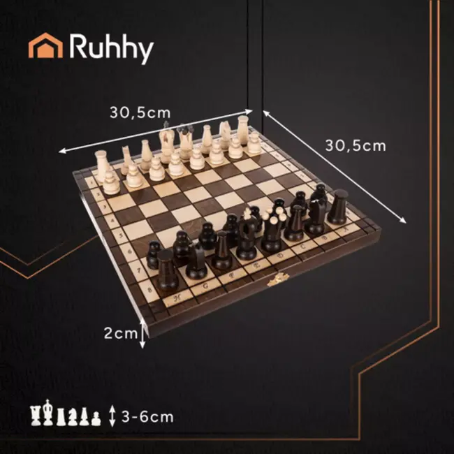 Ruhhy klassiek houten schaakset 31x31 cm – luxe opbergkoffer