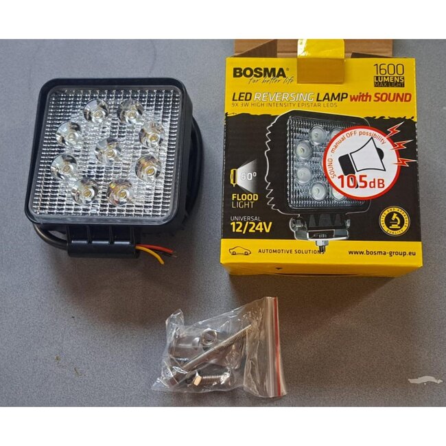 Bosma Led werklamp breedstraler - 126 x 107 x 52 mm - claxon 105 dB - waterdicht IP68 - 1600 lumen - voertuigen en bouwplaats