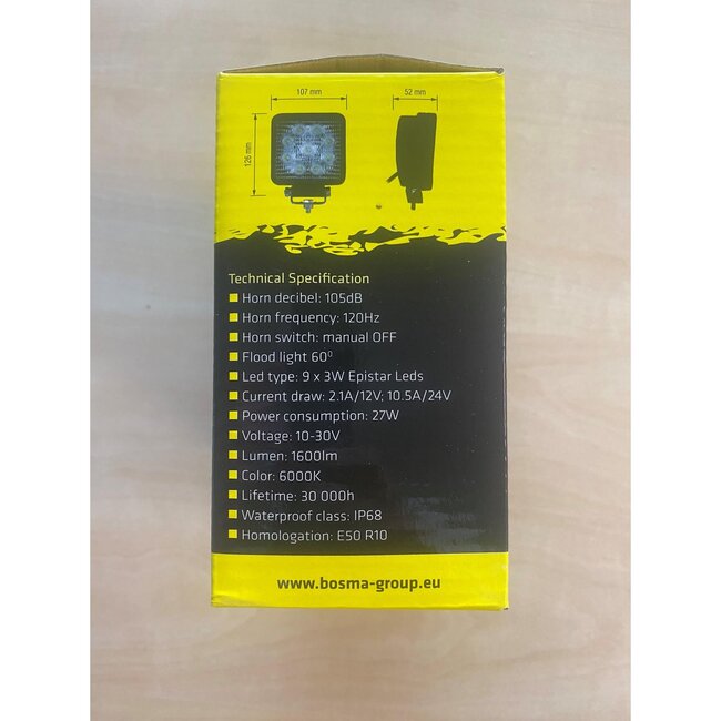 Bosma Led werklamp breedstraler - 126 x 107 x 52 mm - claxon 105 dB - waterdicht IP68 - 1600 lumen - voertuigen en bouwplaats