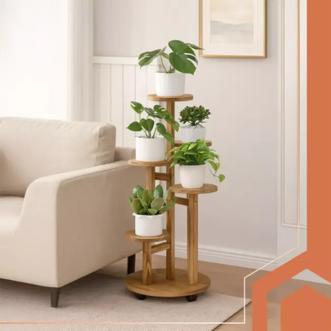 Ruhhy bloemenstandaard 86 cm – 6 niveaus, wieltjes, houtlook – voor 7 potten