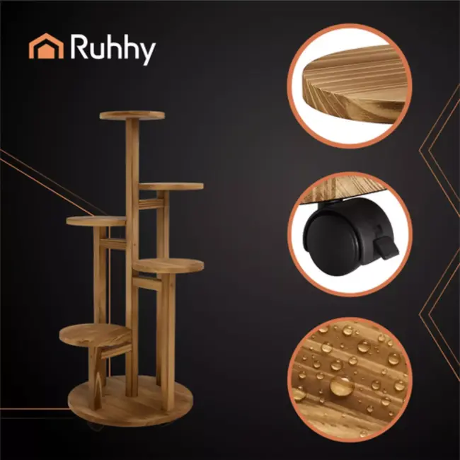 Ruhhy bloemenstandaard 86 cm – 6 niveaus, wieltjes, houtlook – voor 7 potten