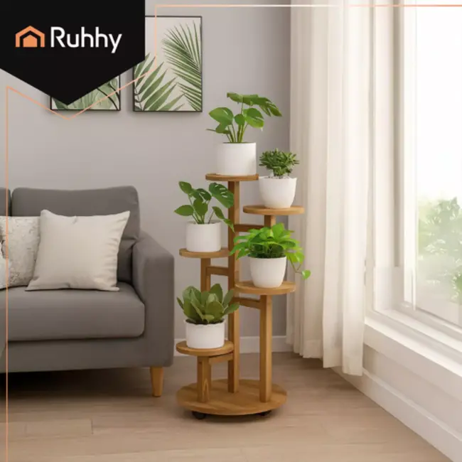 Ruhhy bloemenstandaard 86 cm – 6 niveaus, wieltjes, houtlook – voor 7 potten