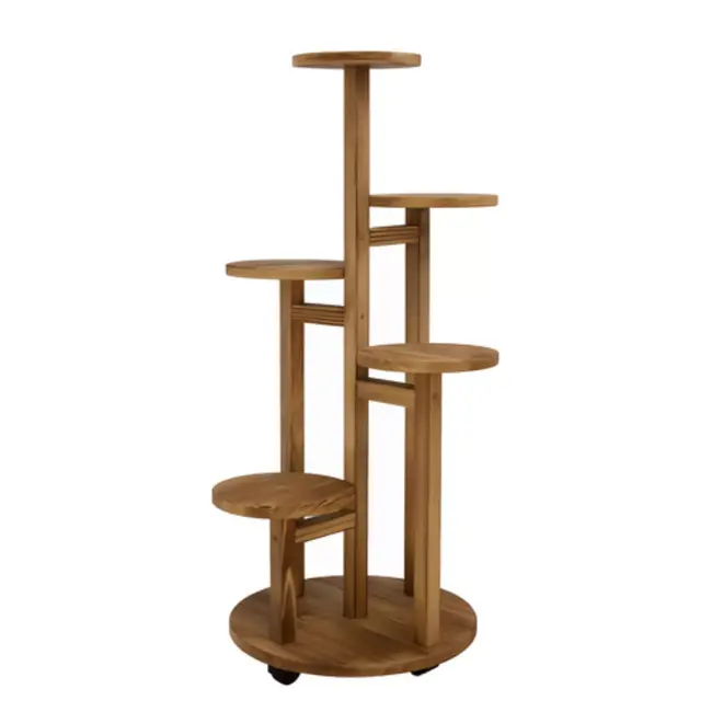 Ruhhy bloemenstandaard 86 cm – 6 niveaus, wieltjes, houtlook – voor 7 potten