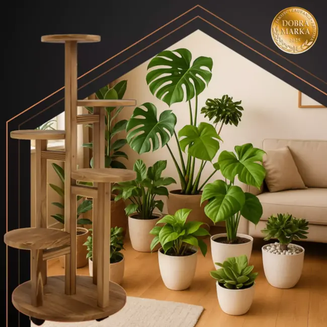 Ruhhy bloemenstandaard 86 cm – 6 niveaus, wieltjes, houtlook – voor 7 potten