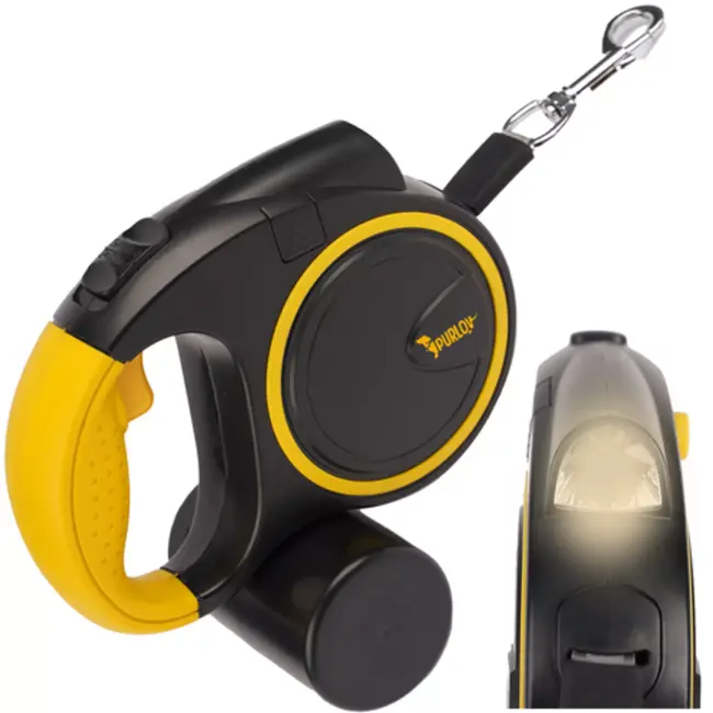 Purlov hondenlijn 5 m met LED‑zaklamp en éénhands rem – nylon band, antislip greep, tot 15 kg
