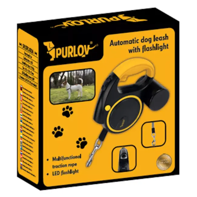 Purlov hondenlijn 5 m met LED‑zaklamp en éénhands rem – nylon band, antislip greep, tot 15 kg