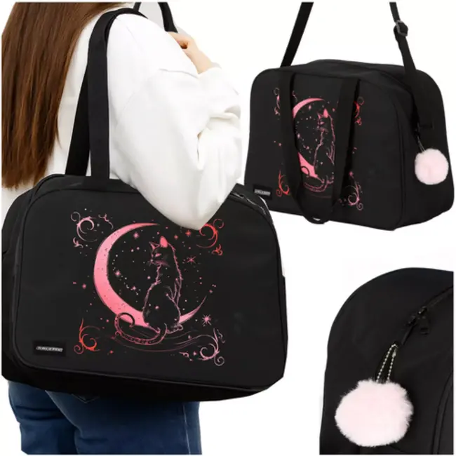 Kruzzel schooltas 13L zwart met roze kattenprint – verstelbare band en sleutelhanger