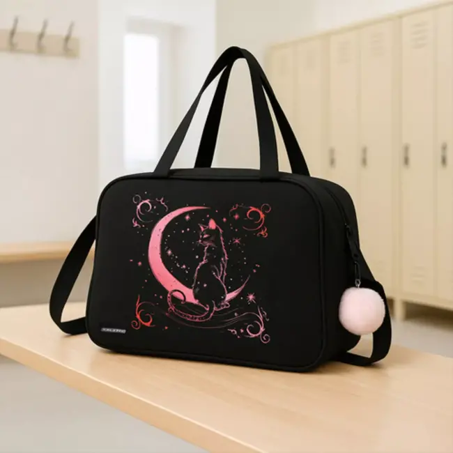 Kruzzel schooltas 13L zwart met roze kattenprint – verstelbare band en sleutelhanger