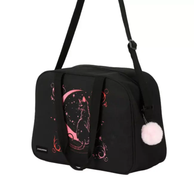Kruzzel schooltas 13L zwart met roze kattenprint – verstelbare band en sleutelhanger