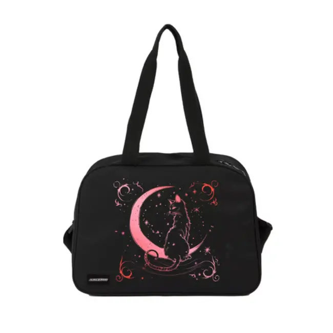 Kruzzel schooltas 13L zwart met roze kattenprint – verstelbare band en sleutelhanger