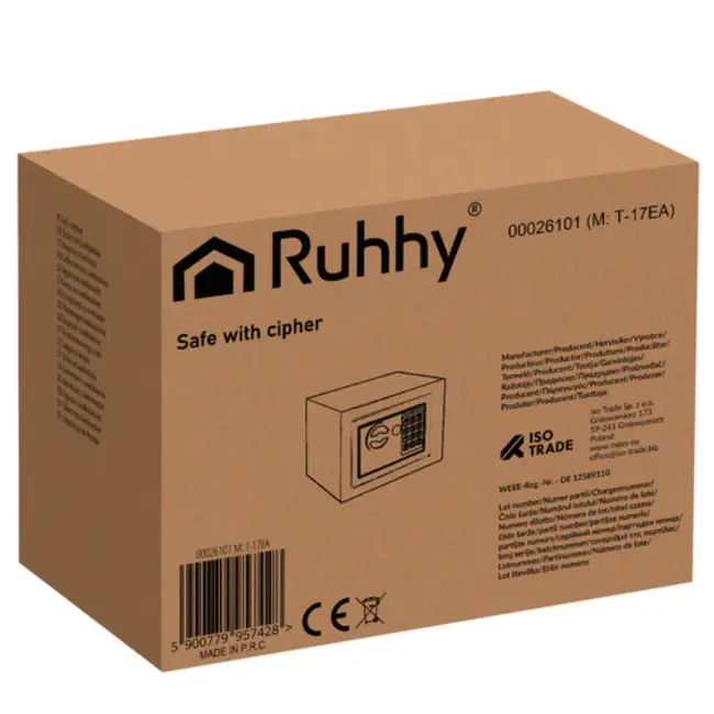 Ruhhy elektronische kluis met cijferslot en noodsleutel - compact zwart 23x17x17,5 cm