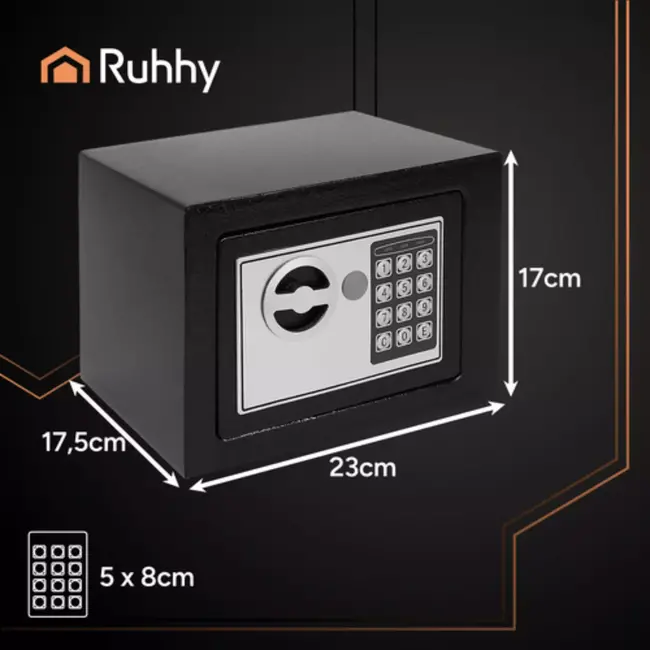Ruhhy elektronische kluis met cijferslot en noodsleutel - compact zwart 23x17x17,5 cm