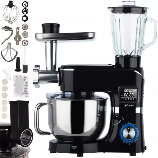Ruhhy keukenmachine 6,2L verwarmde kom + blender 2300W – mixer, blender, vleesmolen en pastamaker