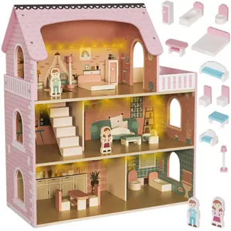 Kruzzel houten poppenhuis – 3 verdiepingen met meubels, LED-verlichting en accessoires