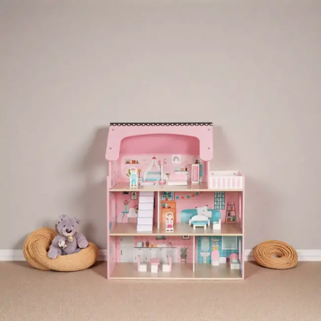 Kruzzel houten poppenhuis – 3 verdiepingen met meubels, LED-verlichting en accessoires