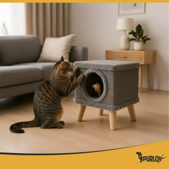 Purlov kattenmand met poten – sisal krabpaal & huis – 38×32×32 cm