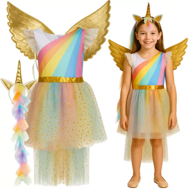 Purlov unicorn / eenhoornkostuum 3‑delig – jurk, vleugels en haarband