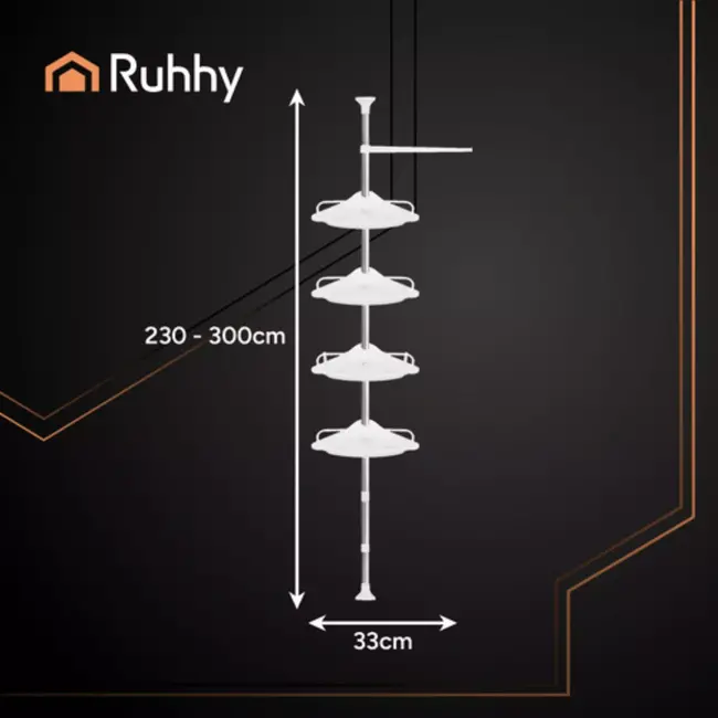 Ruhhy verstelbaar hoekdoucherek 230‑300 cm – 4 planken – eenvoudig te monteren