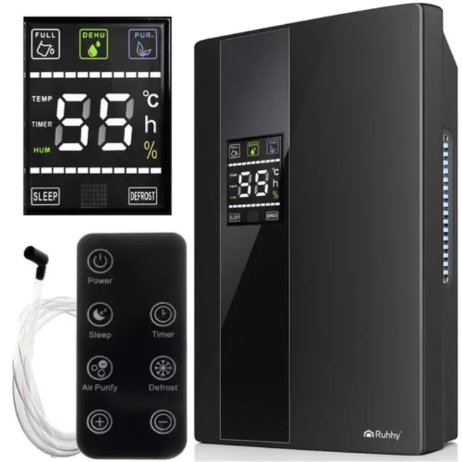 Ruhhy luchtontvochtiger 2‑in‑1 met UV TiO₂ en hygrostaat 650 ml/dag – stil & krachtig