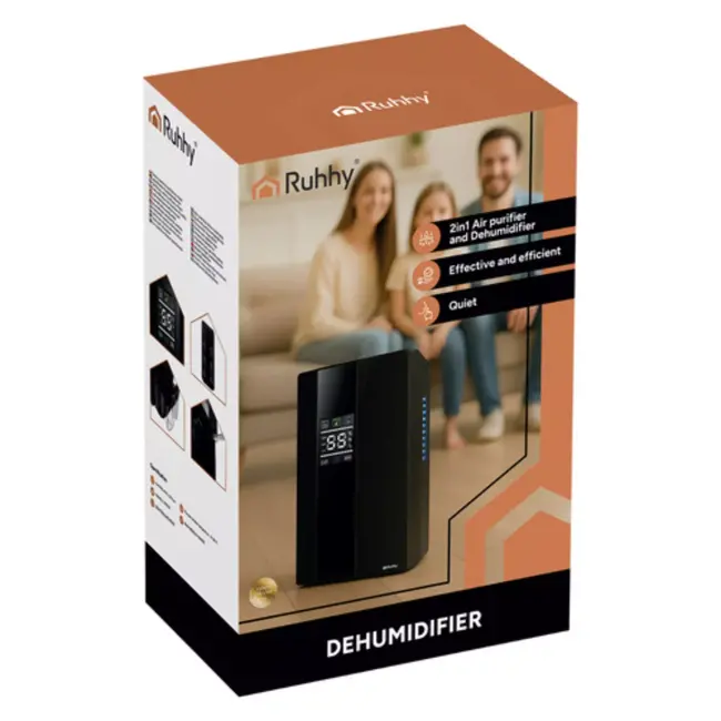 Ruhhy luchtontvochtiger 2‑in‑1 met UV TiO₂ en hygrostaat 650 ml/dag – stil & krachtig