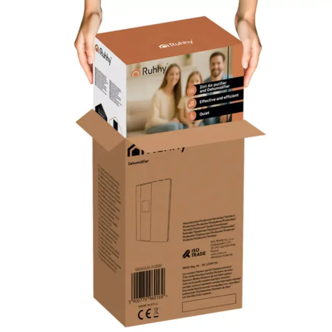 Ruhhy luchtontvochtiger 2‑in‑1 met UV TiO₂ en hygrostaat 650 ml/dag – stil & krachtig