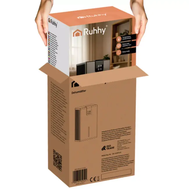 Ruhhy luchtontvochtiger zilver 1000 ml/dag met LED‑sfeerverlichting, 2,2 L tank met afstandsbediening