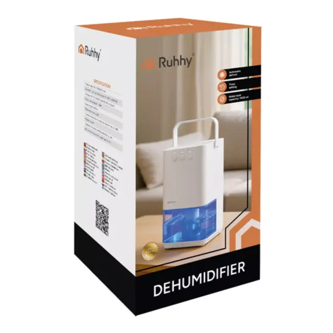 Ruhhy luchtontvochtiger wit – 380 ml/dag, 1,4 L tank met timer en LED‑licht