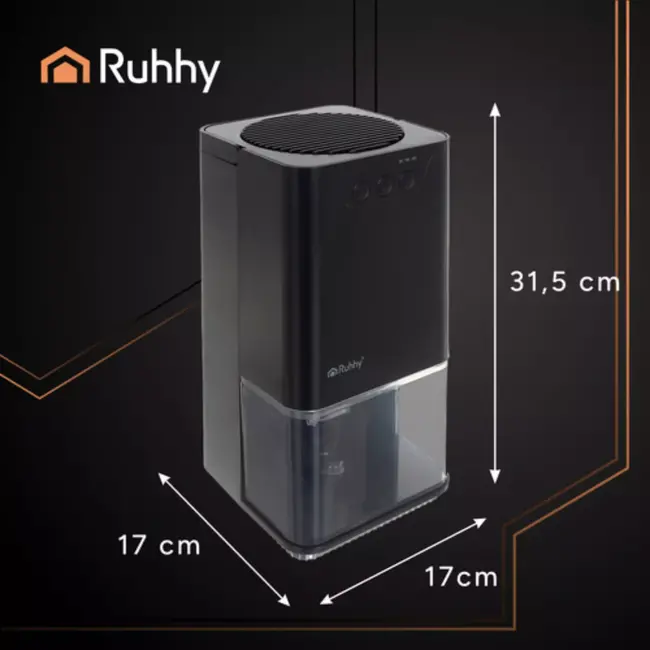 Ruhhy luchtontvochtiger zwart – 1,4 L tank met LED‑licht, 380 ml/dag met timer