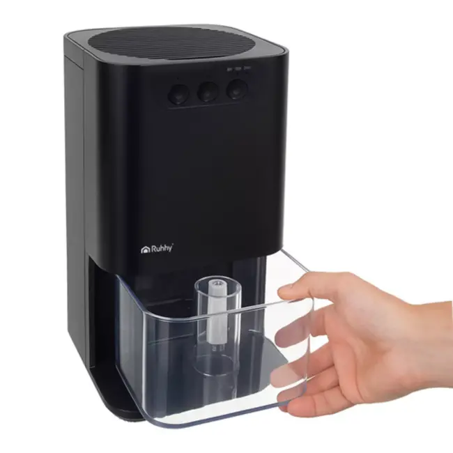 Ruhhy luchtontvochtiger zwart – 1,4 L tank met LED‑licht, 380 ml/dag met timer