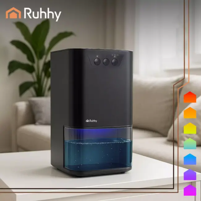 Ruhhy luchtontvochtiger zwart – 1,4 L tank met LED‑licht, 380 ml/dag met timer