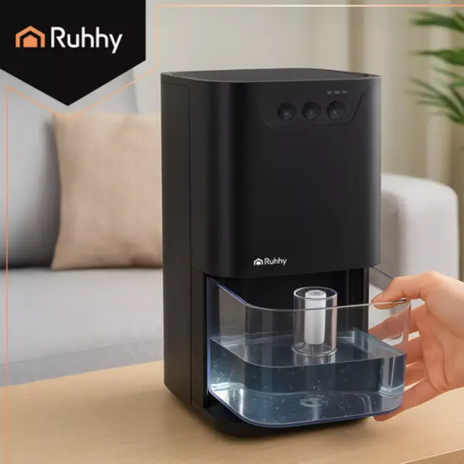 Ruhhy luchtontvochtiger zwart – 1,4 L tank met LED‑licht, 380 ml/dag met timer