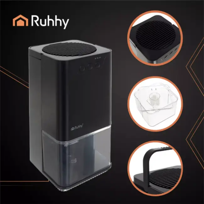 Ruhhy luchtontvochtiger zwart – 1,4 L tank met LED‑licht, 380 ml/dag met timer