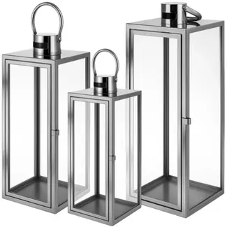 Ruhhy zilveren lantaarns set 38‑49‑63 cm – modern design, set van 3 – staal & glas zilver