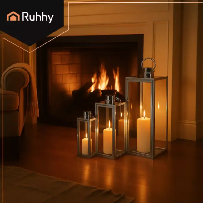 Ruhhy zilveren lantaarns set 38‑49‑63 cm – modern design, set van 3 – staal & glas zilver